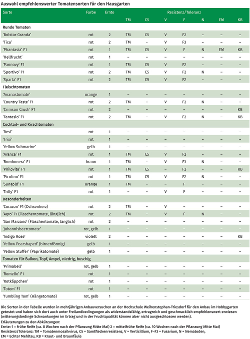 Tabelle: Auswahl empfehlenswerter Tomatensorten für den Hausgarten